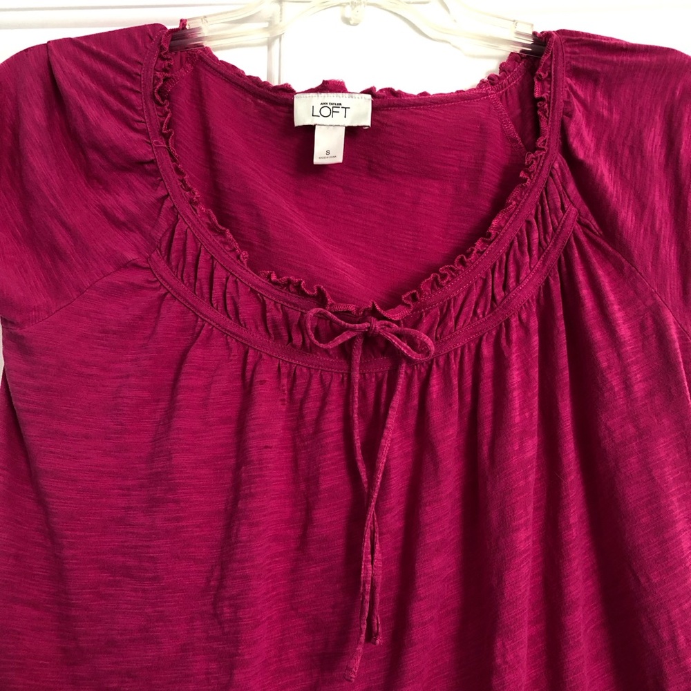 Ann Taylor LOFT Womens Shirt S Magenta Fuchsia Peasant Top Cotton Lightweight